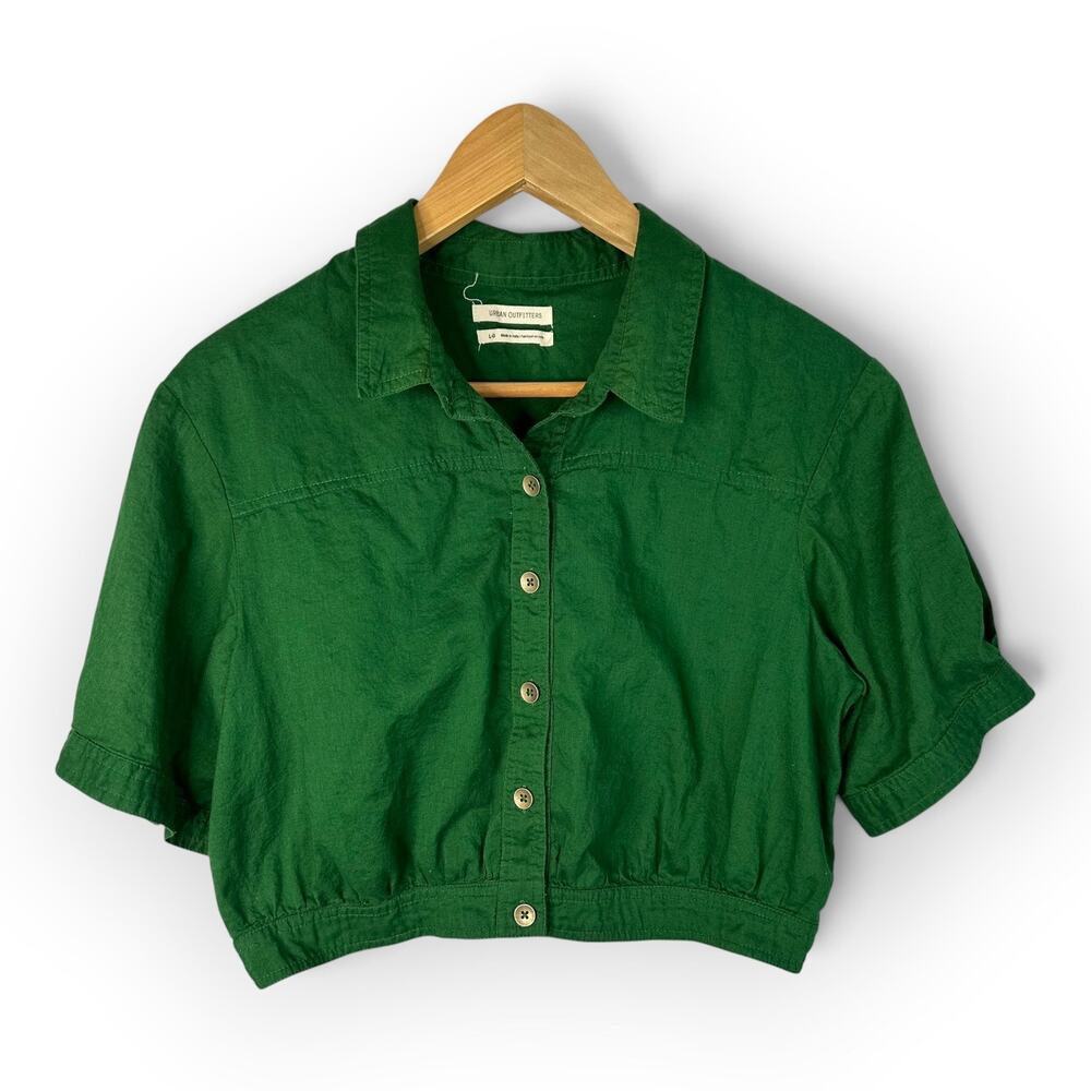 Urban Outfitters Womens L Green Boxy Cropped Button Up Shirt Cotton